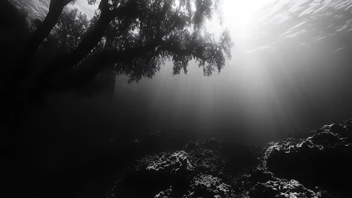 Soft sunbeams pour through underwater kelp in calm darkness