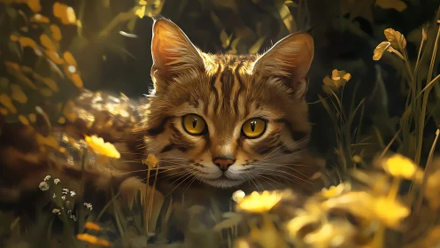 Tabby cat among yellow flowers with directional golden light