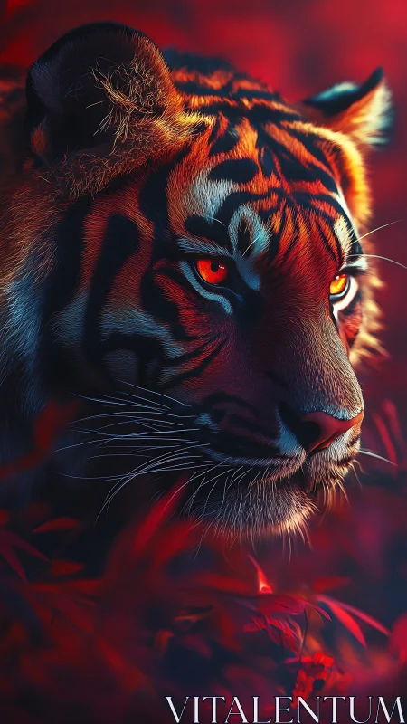 Tiger close-up in red foliage with intense glowing eyes.