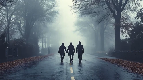 Three figures walking on a foggy tree-lined road at dawn.