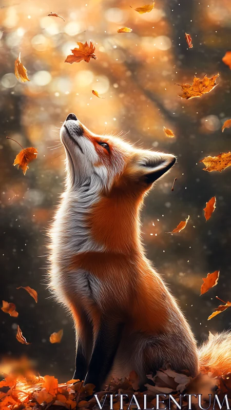 Autumn fox watches swirling leaves in golden forest glow.