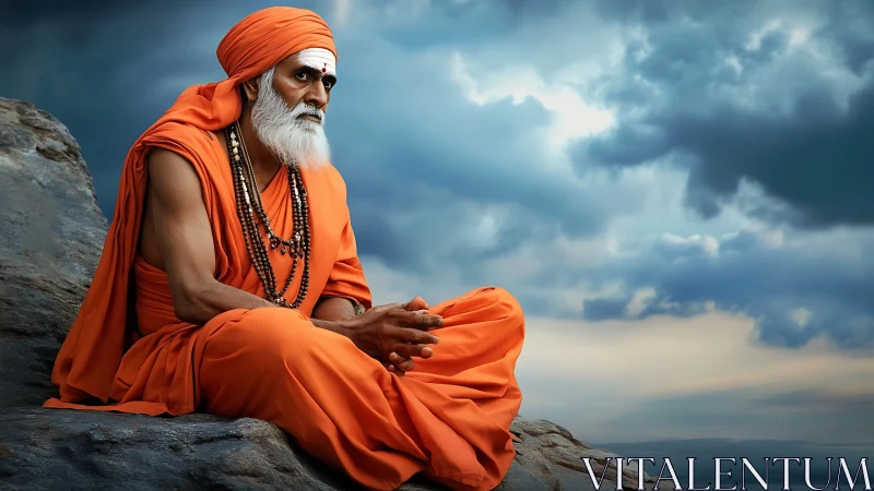 Solitary orange-robed sage sits on rocky ledge under storm clouds