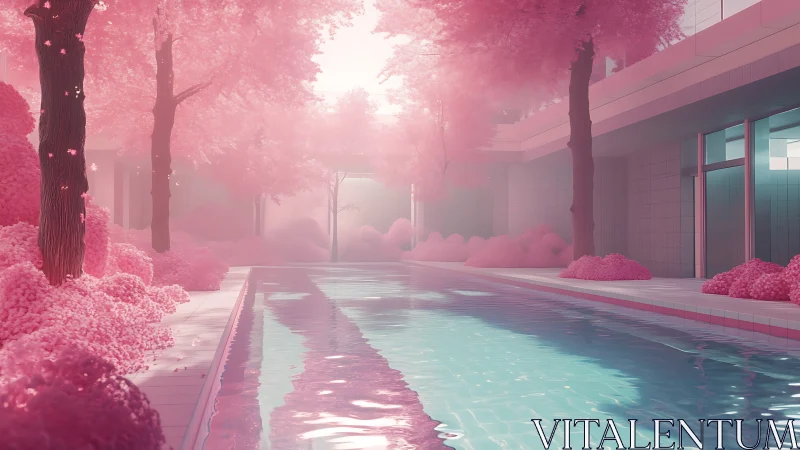 Iridescent pool beneath ethereal pink sakura canopy at dawn.