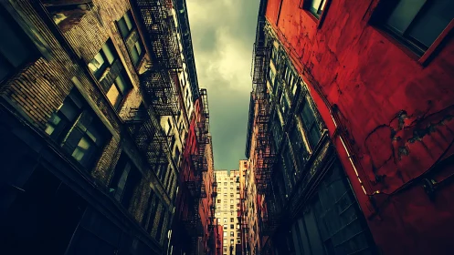 Urban alleyway framed by converging mid-rise buildings