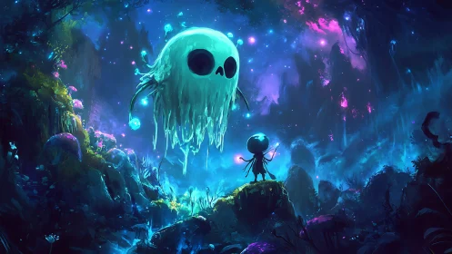 Bioluminescent spirit encounter in neon cosmic forest.