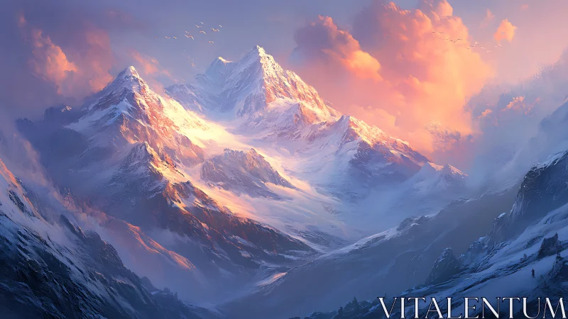 Sunlit snow giants under ember-cloud skies at dawn.