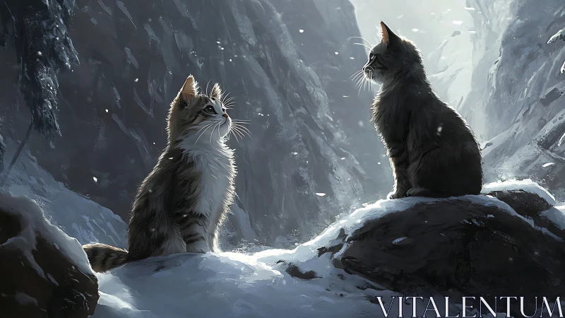 Two felids in alpine canyon environment under overcast conditions.