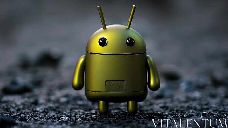 Metallic android mascot stands on textured gravel ground