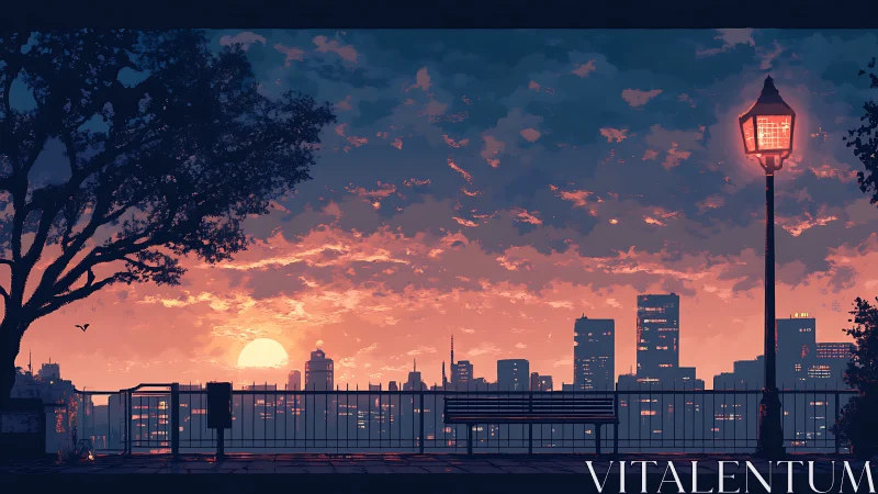 Sunset city overlook with bench, tree silhouette, lit lamp.