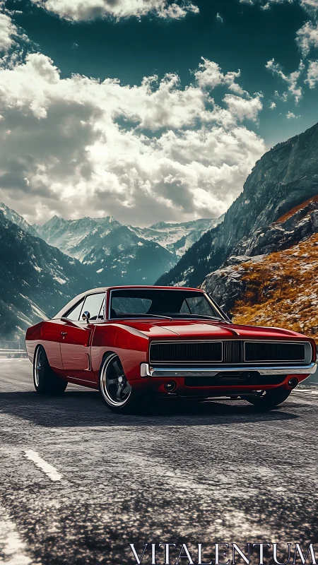 Red classic muscle car on mountain pass roadway.