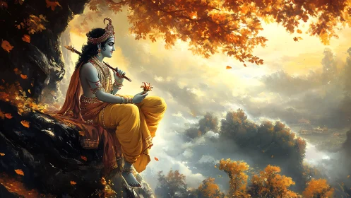 Serene blue figure resting above a golden cloud valley.