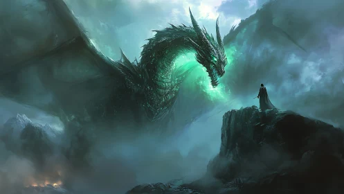 Knight faces glowing emerald dragon on stormy cliff.