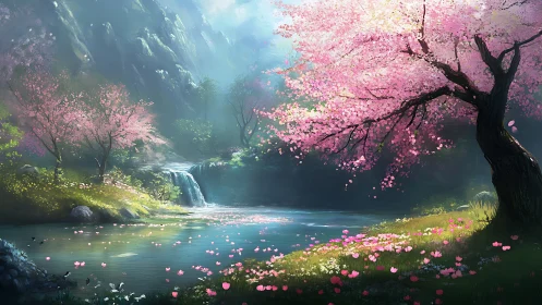 Cherry blossom river valley with misty waterfall glow.