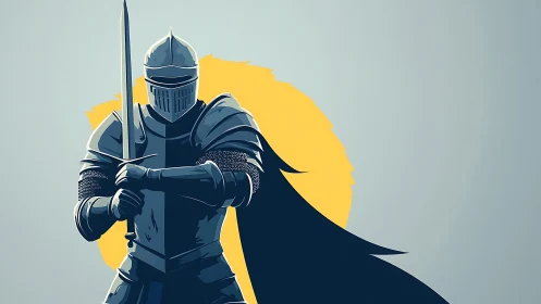 Armored knight with sword before stylized yellow sun.