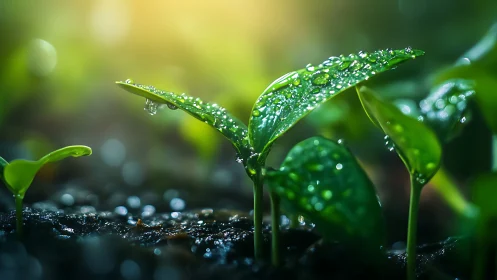 Close-up of fresh green seedlings with water droplets.
