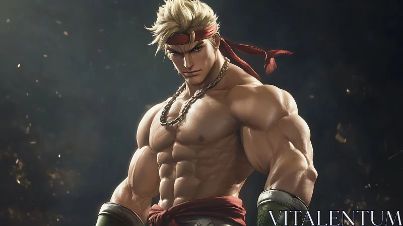 Determined warrior stands strong in warm cinematic light.