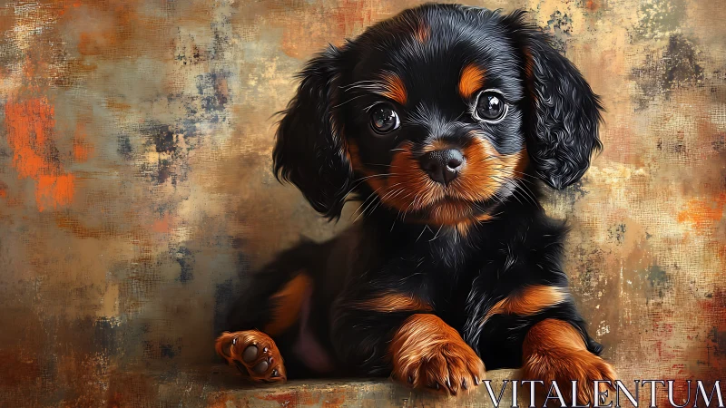 Digital painting of black and tan puppy against textured backdrop