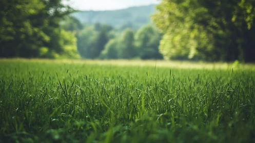 Green grass meadow in sharp focus under soft daylight.