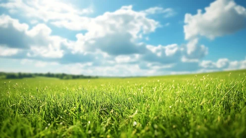Green grass field under soft clouds on a clear day.