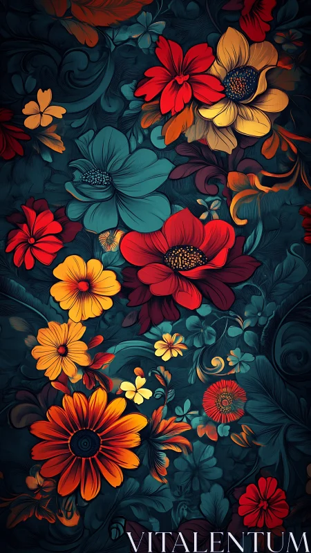 Multilayered digital floral composition with layered vector petals and dark background