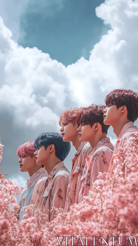 Dreamy friends standing together in soft pink blossoms.