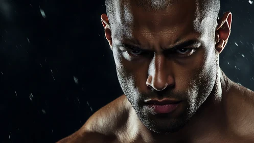 Intense muscular portrait under dramatic low key lighting.