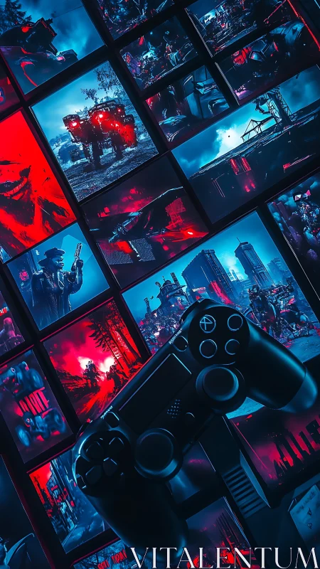 Gaming controller over neon cyberpunk game mosaic grid.