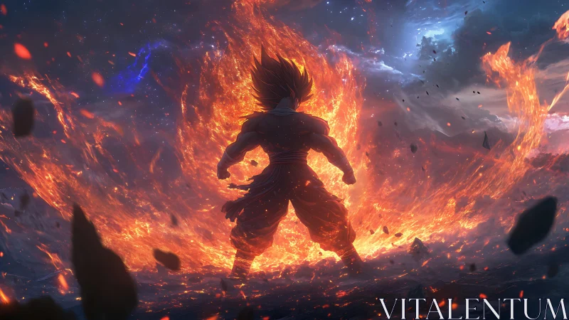 Blazing warrior haloed in cosmic firestorm resolve.