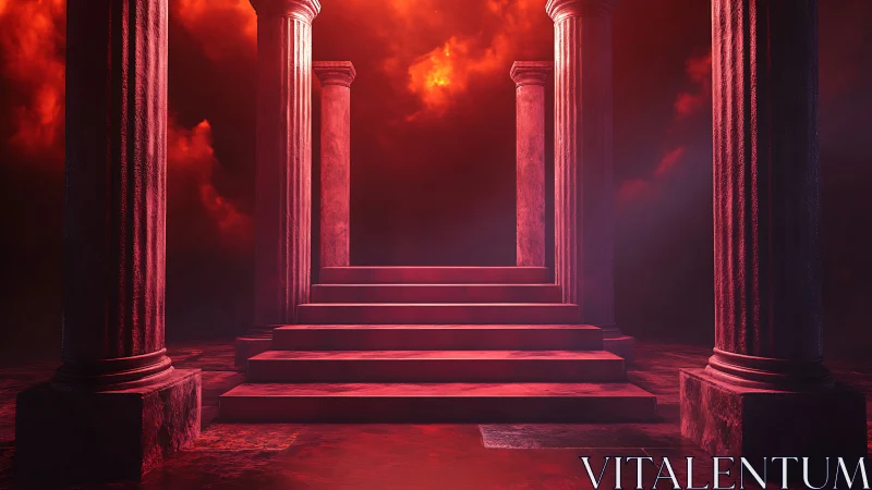 Crimson temple stairway rises toward a fiery celestial sky