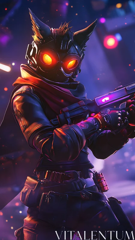 Cyberpunk fox mercenary stands ready in neon city haze