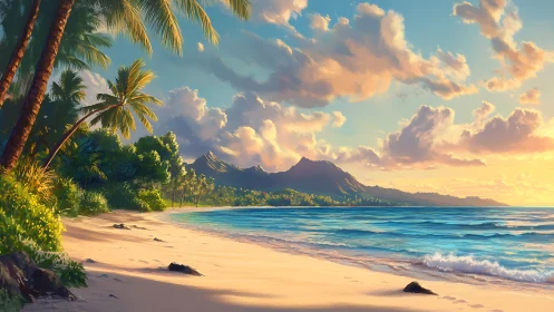 Tropical Coastal Landscape: Digital Rendering of Golden Hour Beach Scene