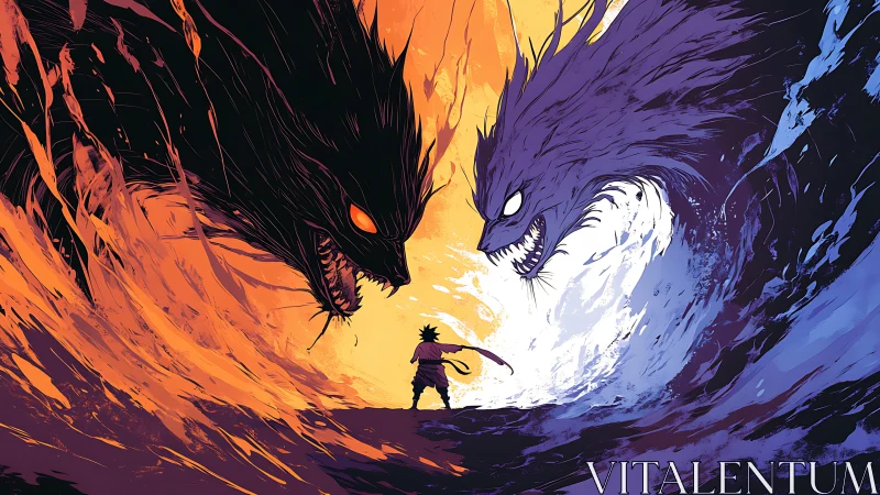 Bilateral elemental beasts converge on lone warrior in high-energy clash