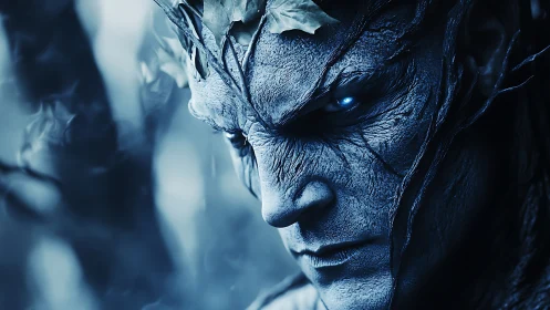 Bioluminescent forest guardian portrait renders icy resolve