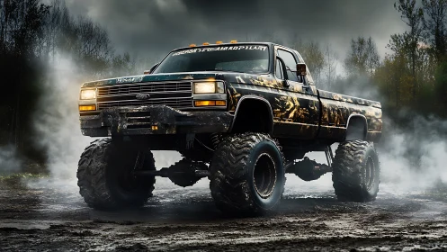 Lifted monster truck in muddy forest clearing at dusk.