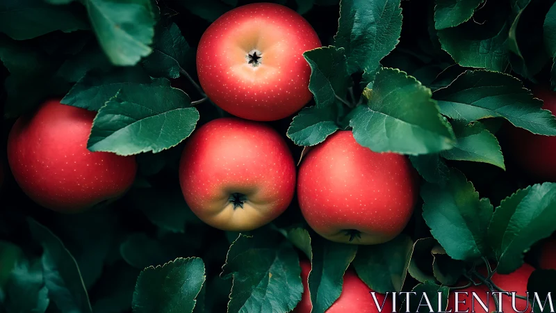 Red apples hang in dense clusters among dark green leaves