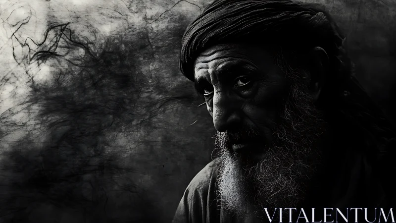 Monochrome portrait shows elderly bearded man in side light