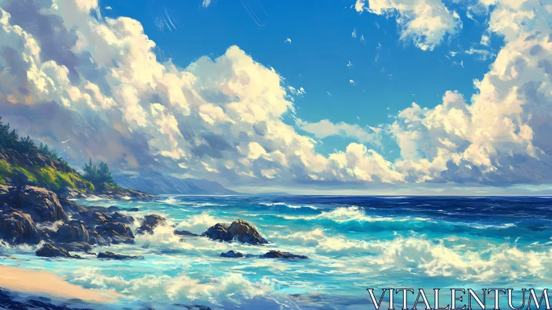 Dynamic coastal seascape renders turbulent surf and cumulus cloudfield