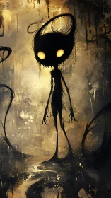 Shadow figure with glowing eyes stands in abstract landscape