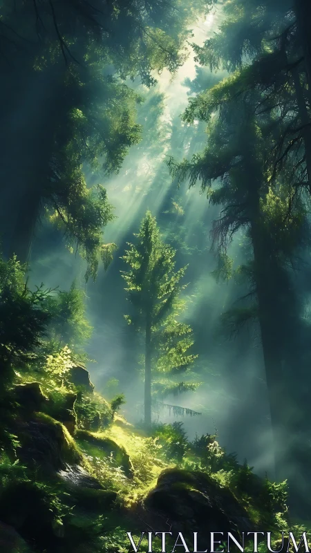 Volumetric Light Through Ancient Forest Canopy.