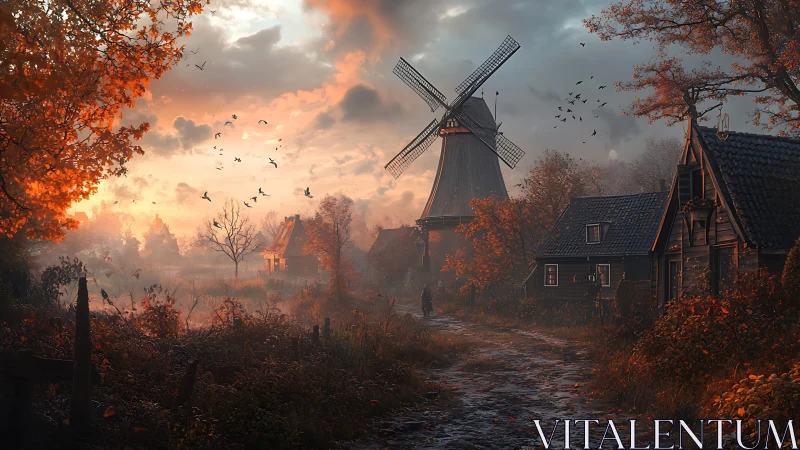 Autumn windmill village glows under dramatic sunset sky.