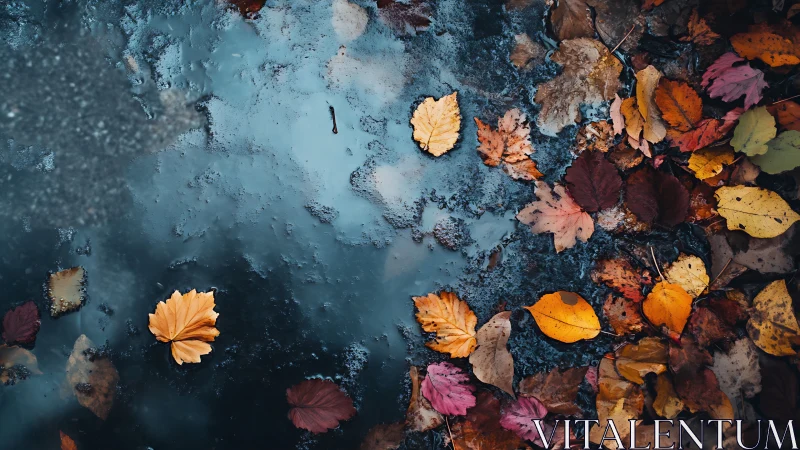 Colorful autumn leaves scattered on wet ground and puddle.