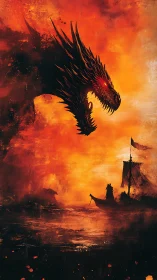 Digital painting of a firelit dragon looming over war galleon.