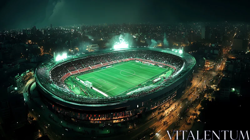 Floodlit football stadium pulses above a glowing night cityscape.
