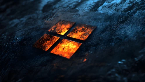 Fiery Microsoft Windows Logo on Dark Textured Surface, Digital Art.
