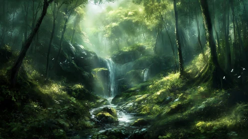Ethereal Forest Waterfall: Cascading Stream in Mystical Woodland Setting.