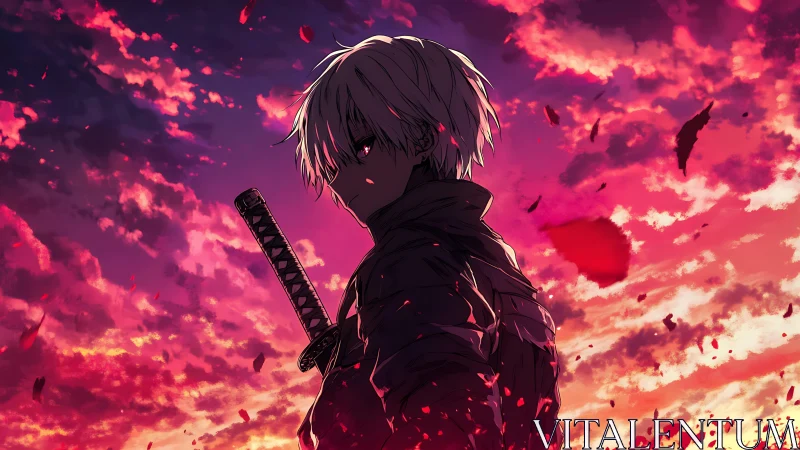 Lone white-haired swordsman stands beneath a burning sky.
