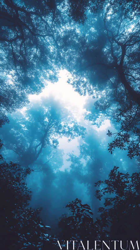 Upward view through dense forest canopy with sky opening overhead.