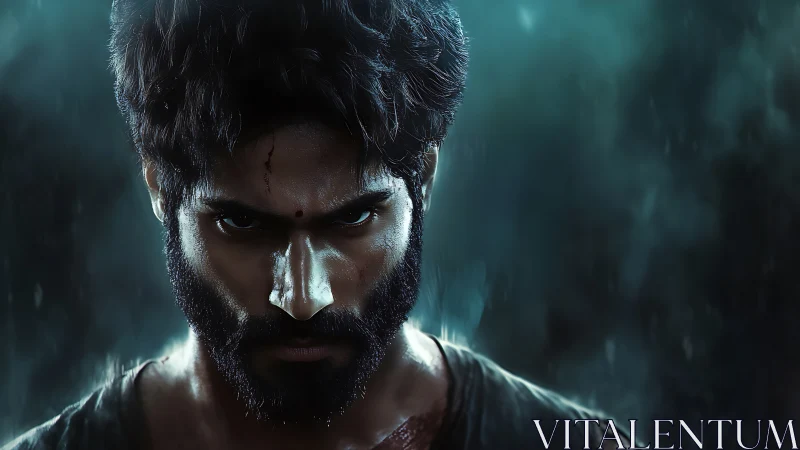 Intense male portrait rendered in moody cinematic photorealism