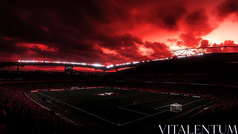 Floodlit football stadium under dense red clouded sky