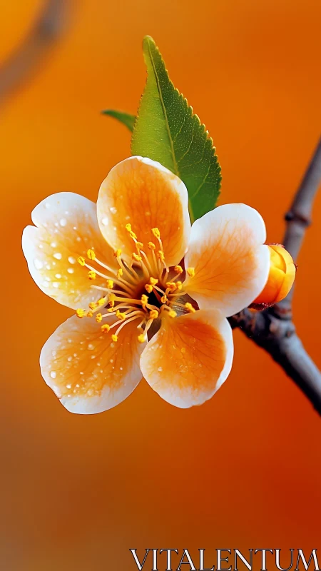 White and Orange Blossom on Branch Against Warm Backdrop
